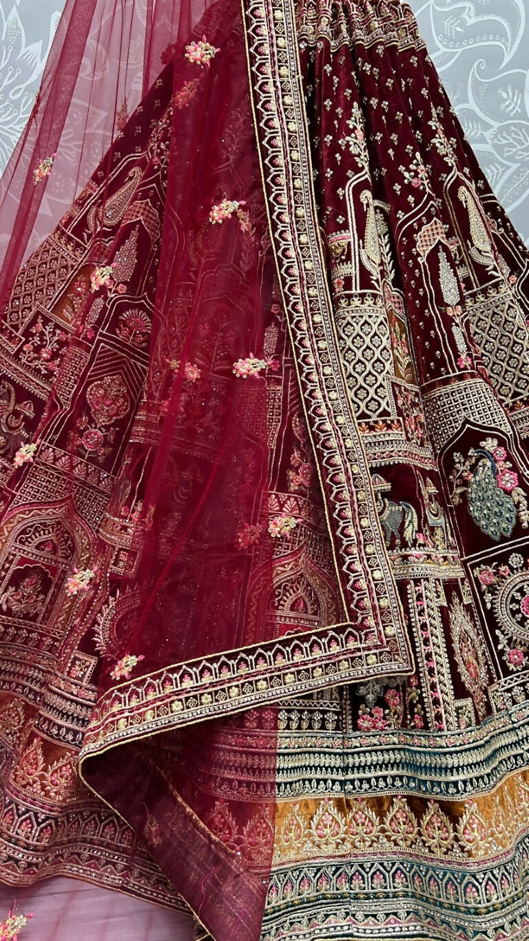 Jyoti Fashion Women's Maroon Velvet Fancy Dori & Sequins with Multi Thread Embroidered with Diamond Work Wedding Lehenga Choli | Grocsy