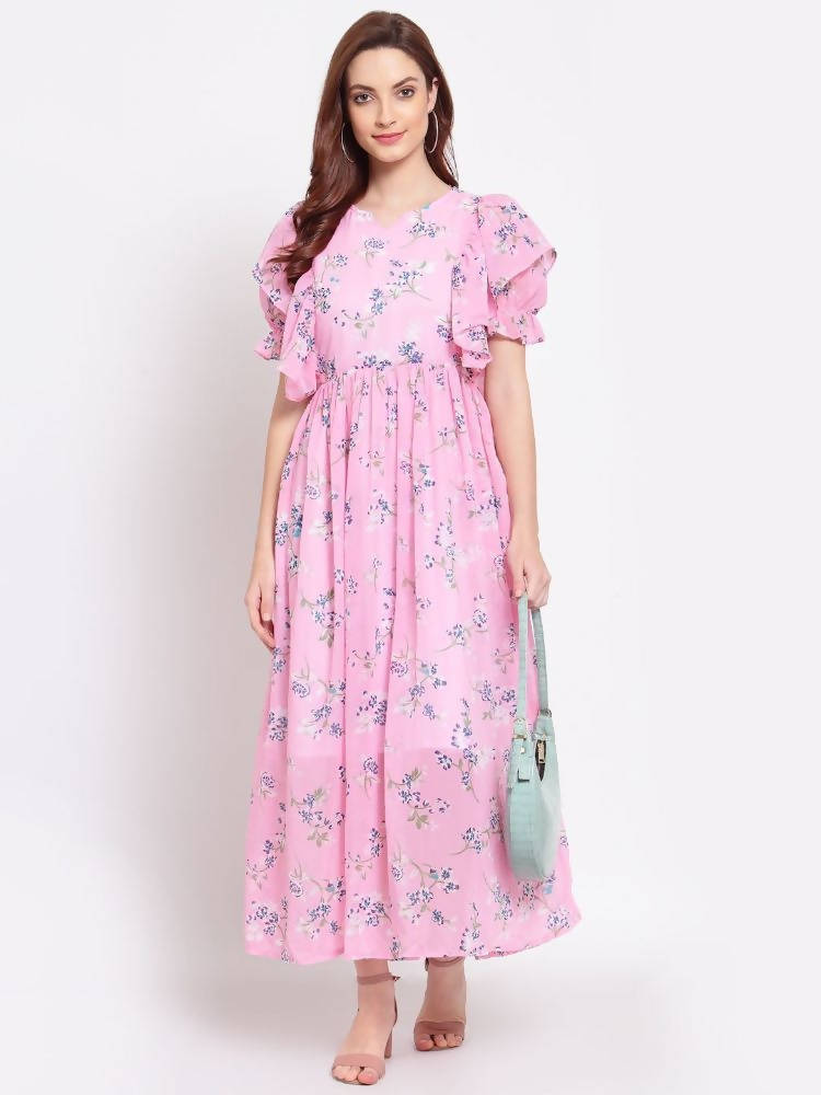 Myshka Women's Pink Printed Georgette Half Sleeve Round Neck Casual Dress | Grocsy