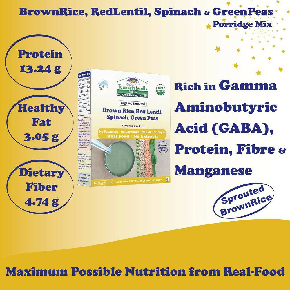 TummyFriendly Foods Certified Organic Sprouted Brown Rice, Red Lentil, Spinach, Green Peas Porridge Mix | Grocsy