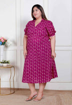 Miravan Plus Size Womens Magenta Floral Printed Cotton Dress With One Side Pocket | Grocsy