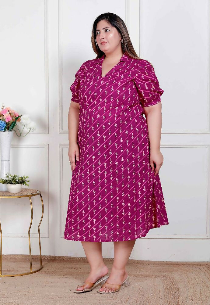 Miravan Plus Size Womens Magenta Floral Printed Cotton Dress With One Side Pocket | Grocsy