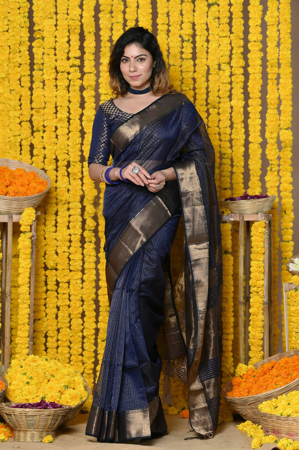 Very Much Indian Rajsi - Handloom Ari Checks Cotton Silk Saree With Golden Border - Indigo Blue | Grocsy