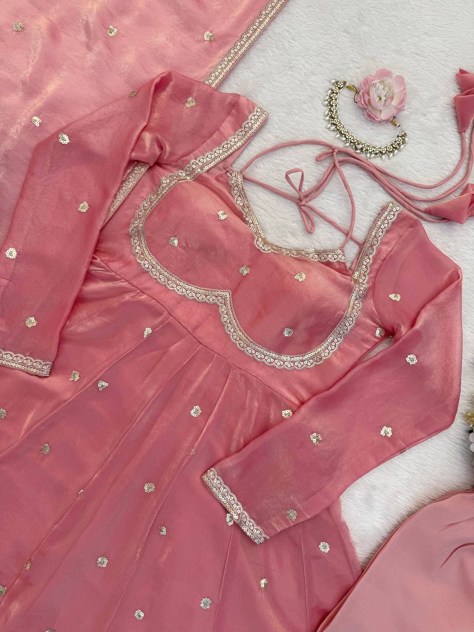 Prazu Fashion Dusty Rose Pink Fendy Silk Thread Sequence Anarkali Suit | Grocsy