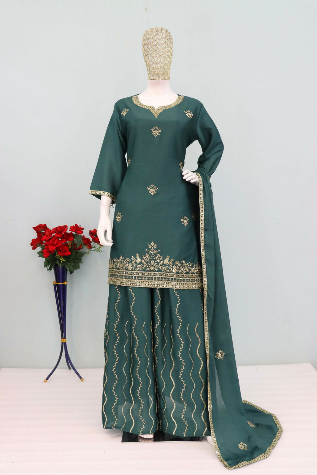 Teeya Creation Teal Color Chinon Silk Heavy Embroidery Work Party Wear Palazzo Set | Grocsy