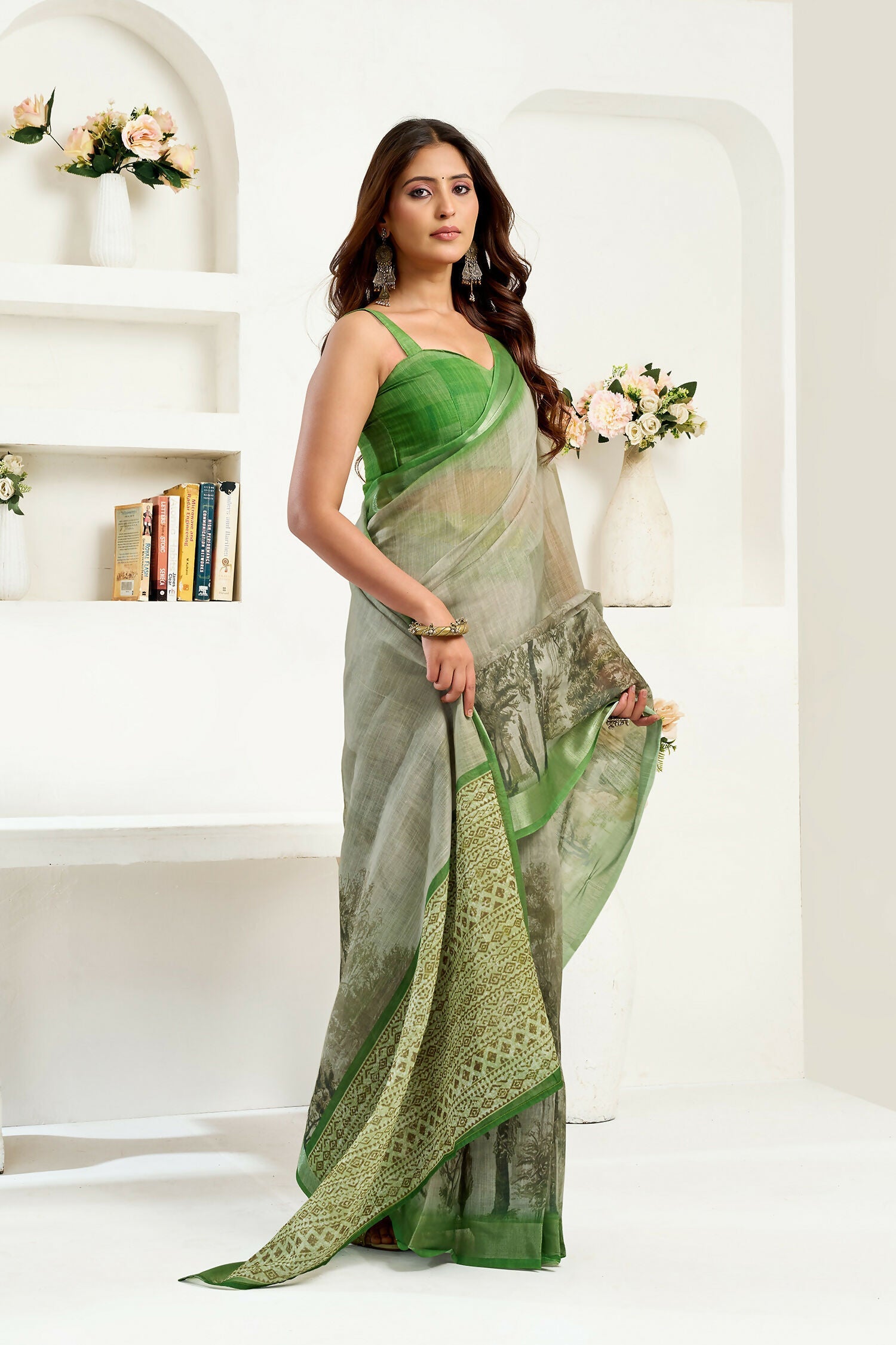 Joban Fashion Green Floral & Ethnic Motifs Linen Ready To Wear Saree With Unstitched Blouse | Grocsy