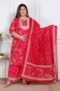 Miravan Plus Size Red Floral Print Embroidered Cotton Straight Kurta With Palazzo & Dupatta | Grocsy