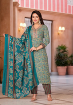 Juniper Women's Rama Green Cotton Ethnic Motif Printed Kurta Set With Sequins & Thread Work | Grocsy