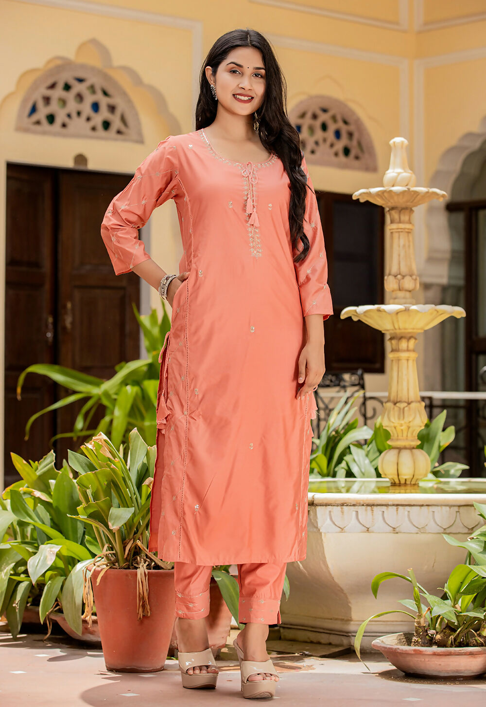 Kaajh Women's Rust Modal Silk Kurta Pant Set With Dupatta | Grocsy