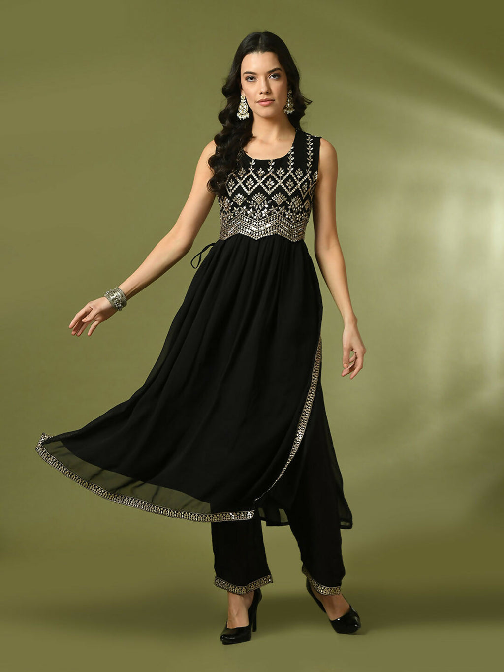 Myshka Women's Black Embroidered Georgette Anarkali Party Kurta Set | Grocsy