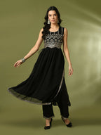 Myshka Women's Black Embroidered Georgette Anarkali Party Kurta Set | Grocsy