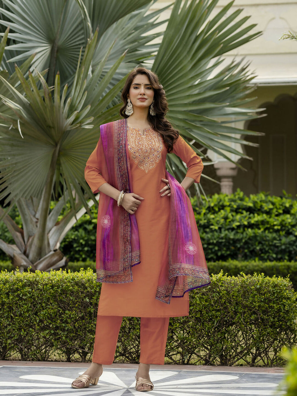 The52 Orange Women's Gorgeous Embroidered Rayon Fabric with Straight Kurta, Pant and Dupatta Set | Grocsy