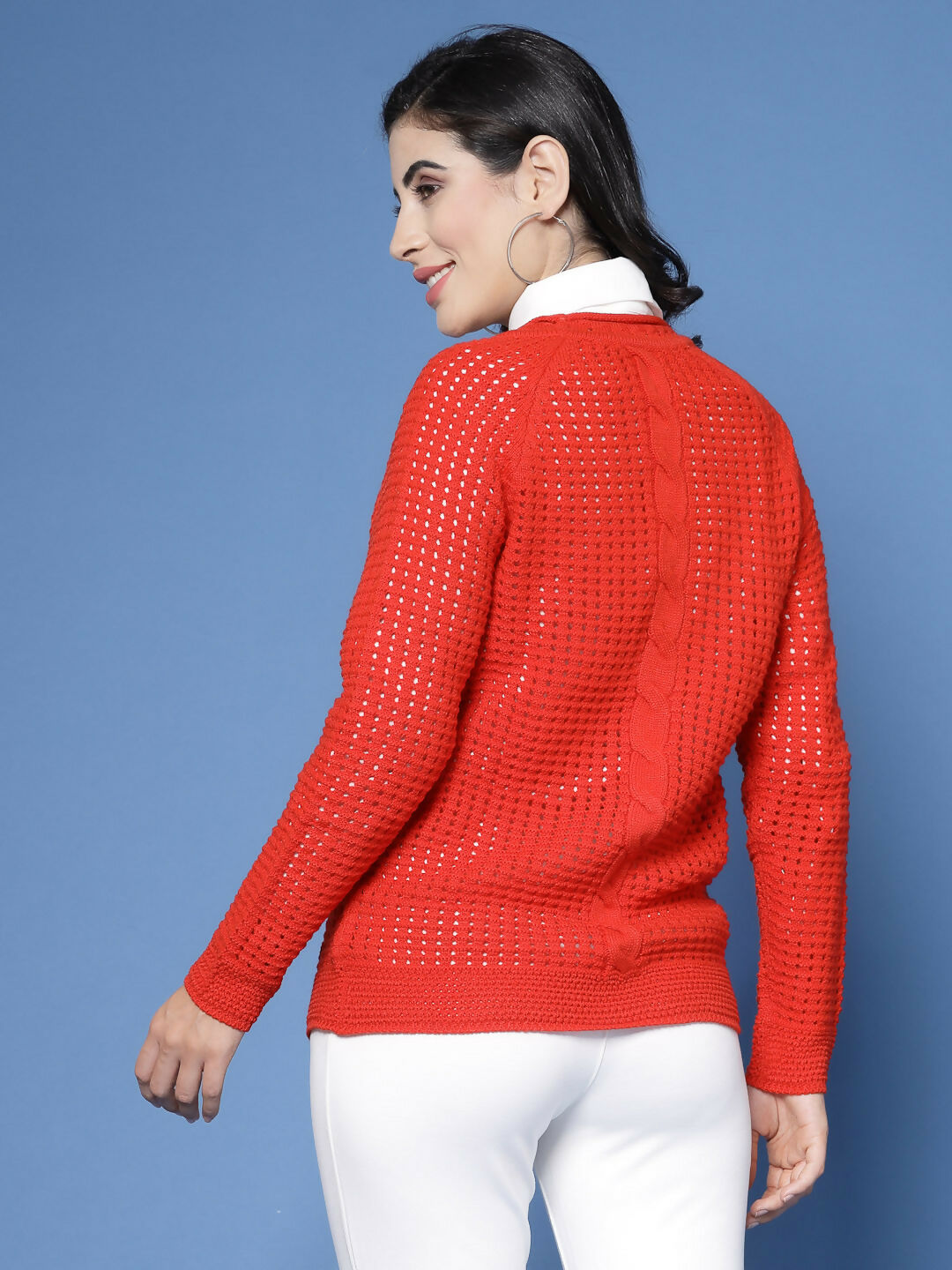 Women Pointelle Rust Acrylic Winter Sweater - Wool Trees | Grocsy