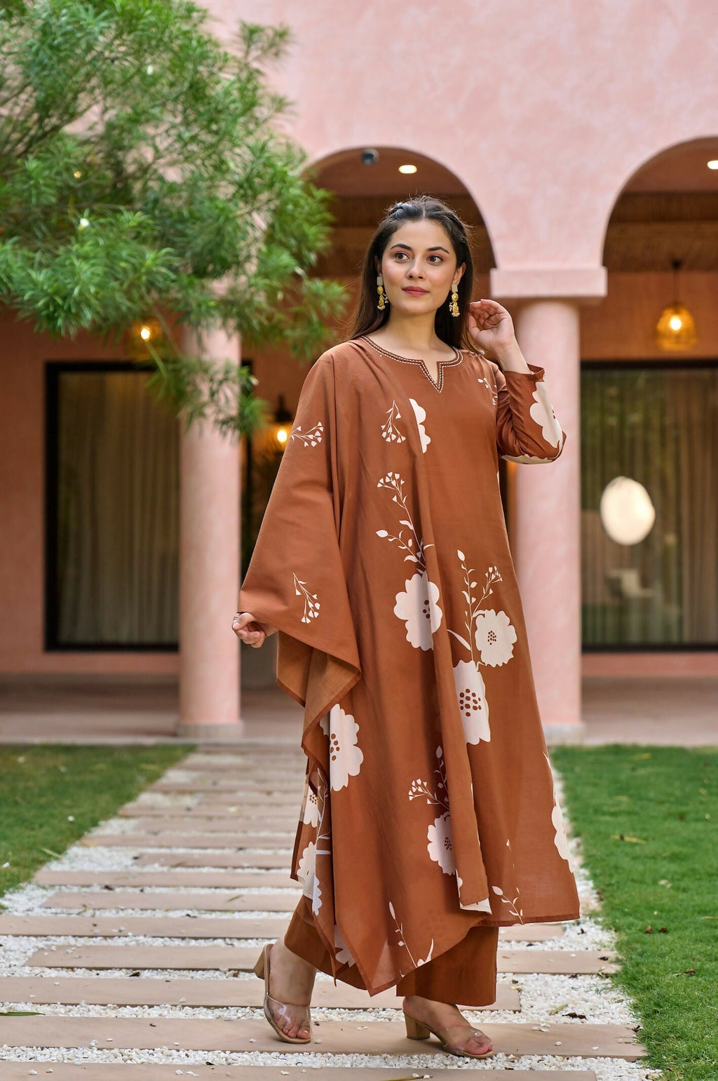 The52 Women's Gorgeous Printed Work Muslin Fabric Straight Kurta Pant and Dupatta Set-Brown | Grocsy