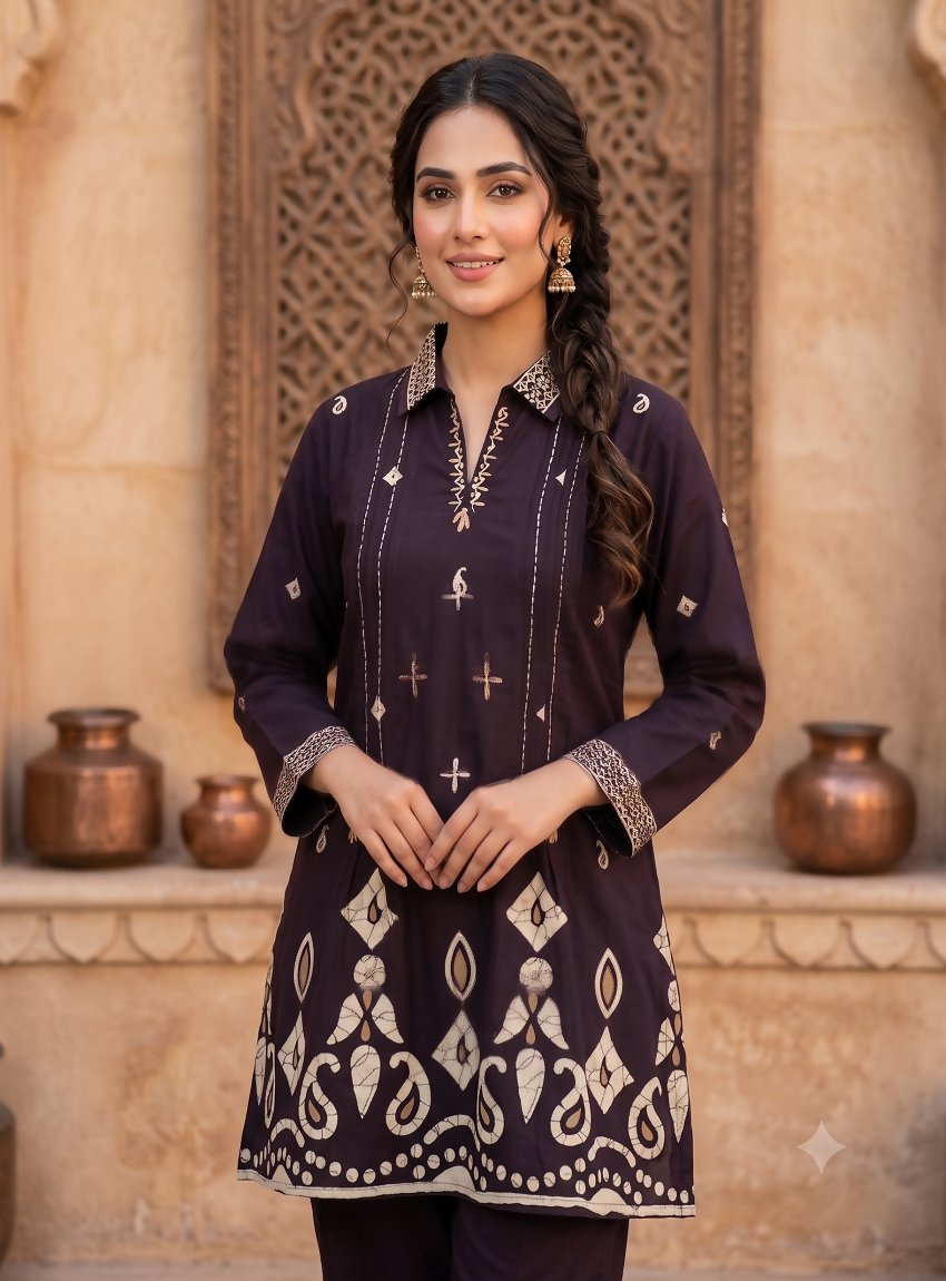 Teeya Creation Women Wine Printed Cotton Kurti With Trousers Co-Ord Set | Grocsy