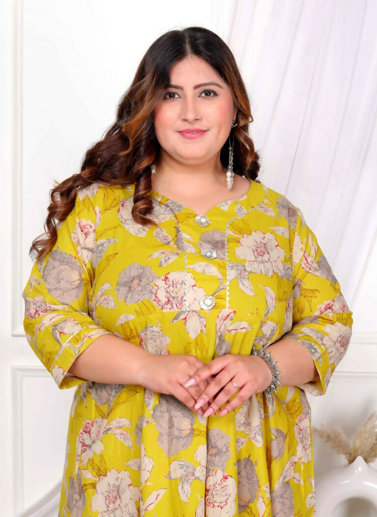 Miravan Women's Plus Size Cotton Gota Patti And Lace Border Details Floral Printed Yellow Anarkali Kurta | Grocsy