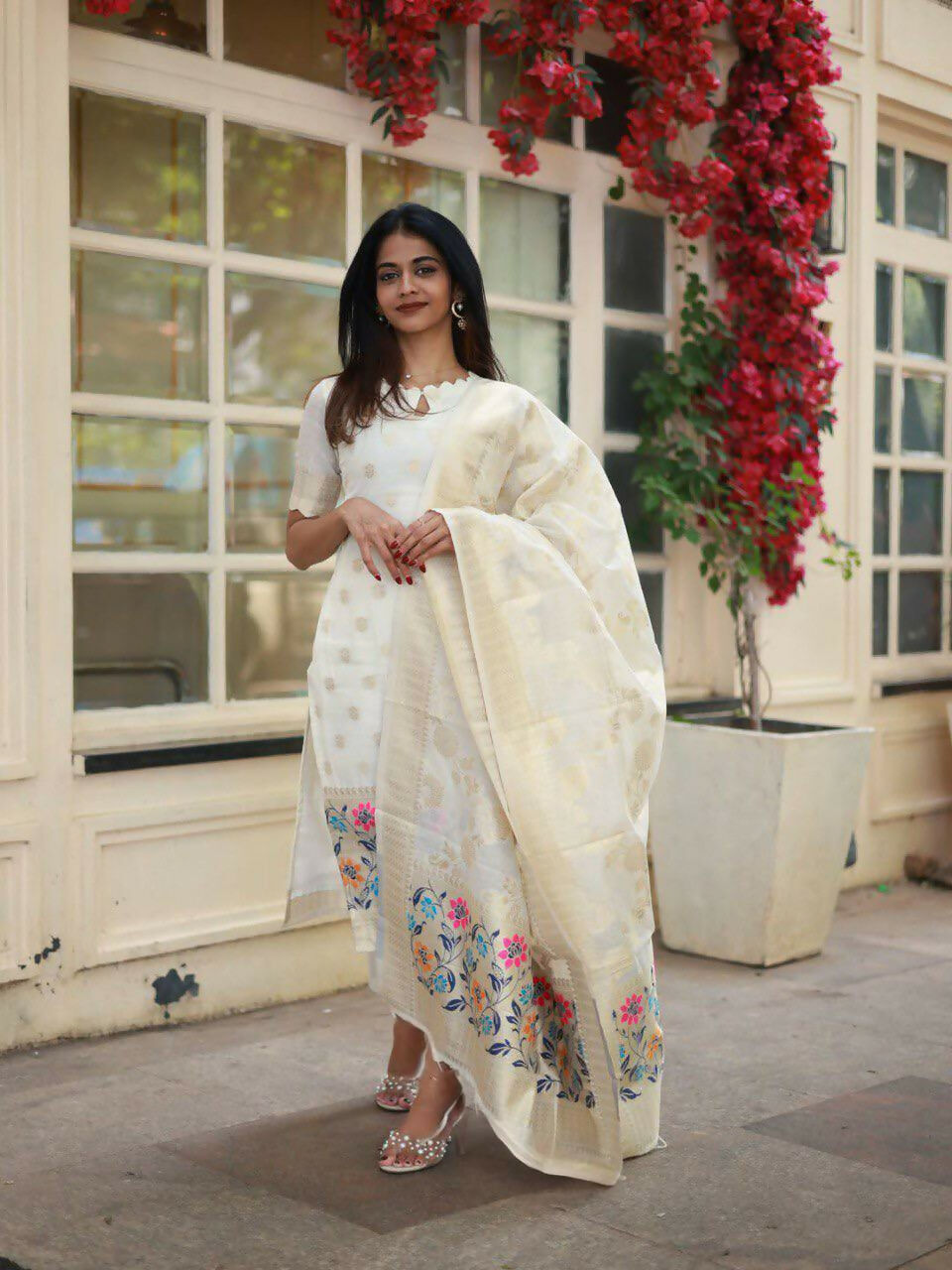 The52 White Women's Beautiful Viscose Jacquard Fabric Printed Work Straight Kurta Pant and Dupatta Set | Grocsy