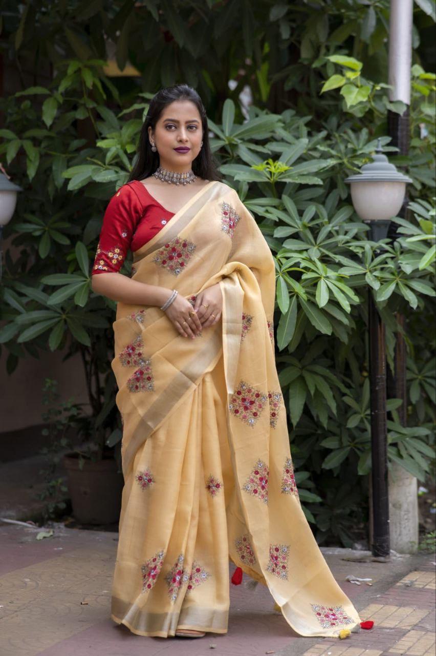 Yellow Pure Linen Ethnic Motifs Saree with Unstitched Blouse - A2M | Grocsy
