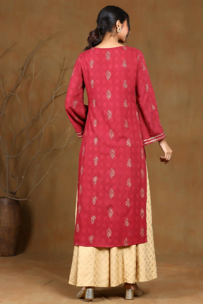 Juniper Wine Rayon Embroidered Straight Kurta | Grocsy