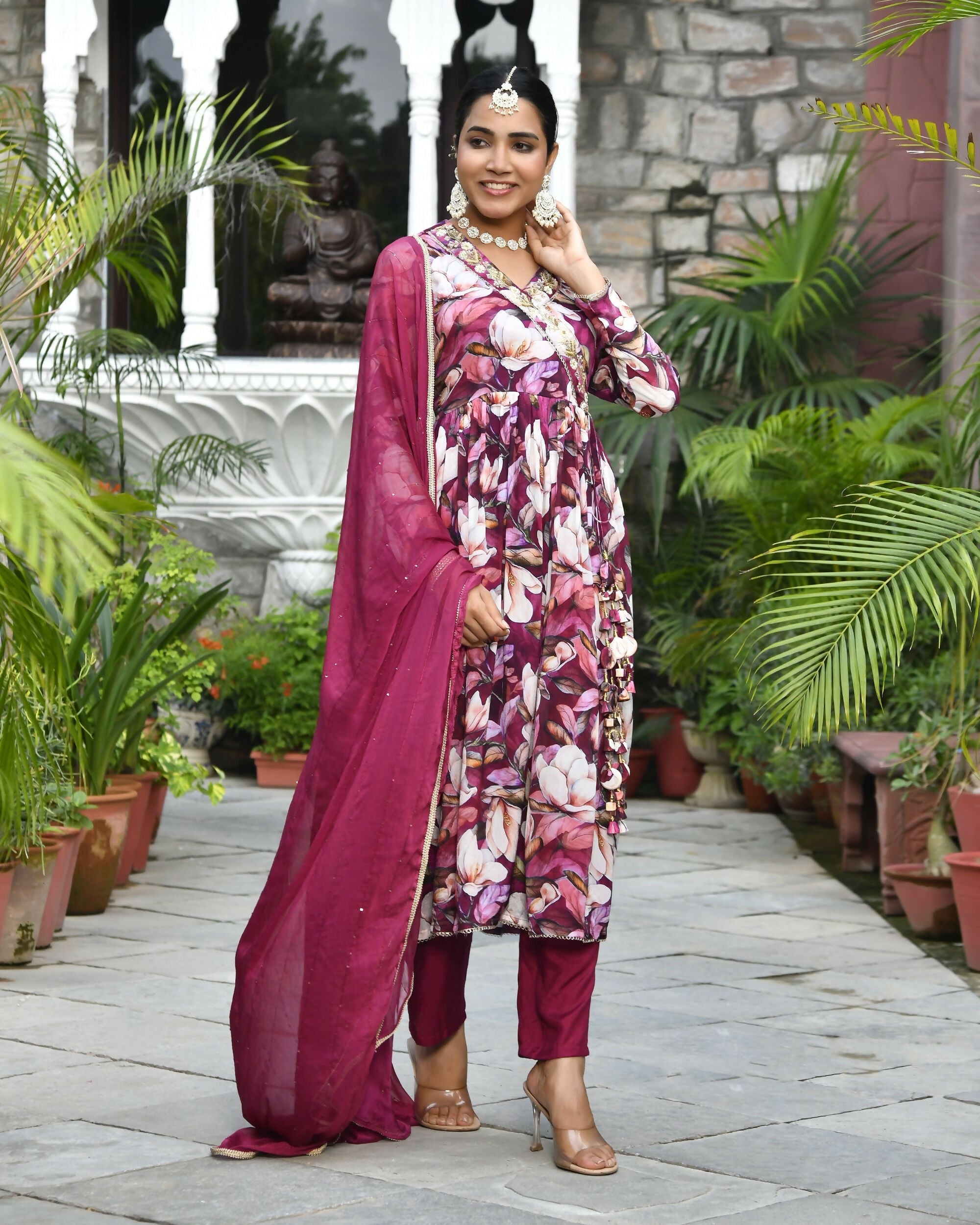 Vaasva Women's Chinon Emboidered Angrakha Anarkali Set With Solid Pant & Solid Embroidered Dupatta | Grocsy