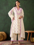 Sangria Purple Floral Embroidered Thread Work Pure Cotton Kurta & Palazzos With Dupatta | Grocsy
