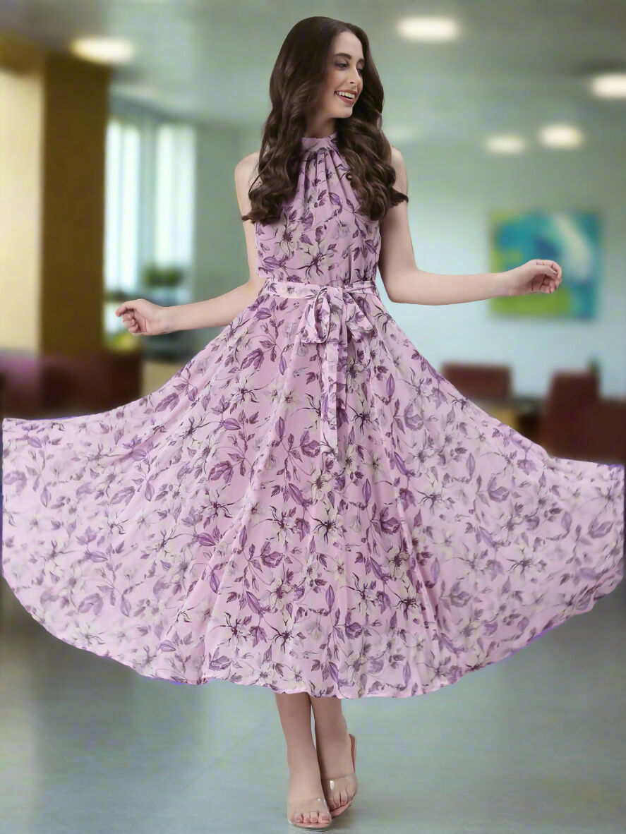 Souchii Lavender Floral Chiffon Dress -Souchii | Grocsy