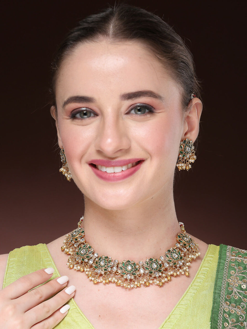NVR Women's Gold-Polished Green Kundan- Studded & Beaded Handcrafted Temple Jewellery Set | Grocsy