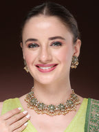 NVR Women's Gold-Polished Green Kundan- Studded & Beaded Handcrafted Temple Jewellery Set | Grocsy