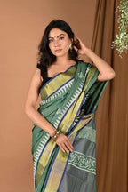 Very Much Indian Pure Cotton Handloom Saree With Intricate Borders - Green | Grocsy