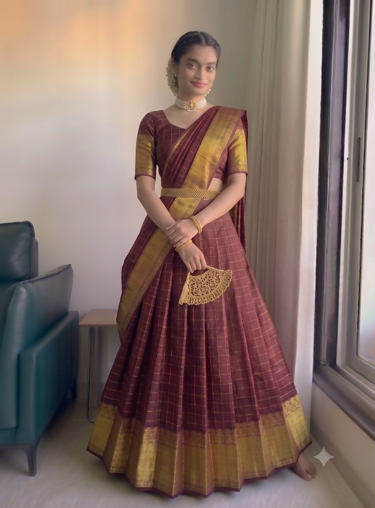 Teeya Creation Classic Maroon Checkered Silk Lehenga Choli with Heavy Zari Border | Grocsy