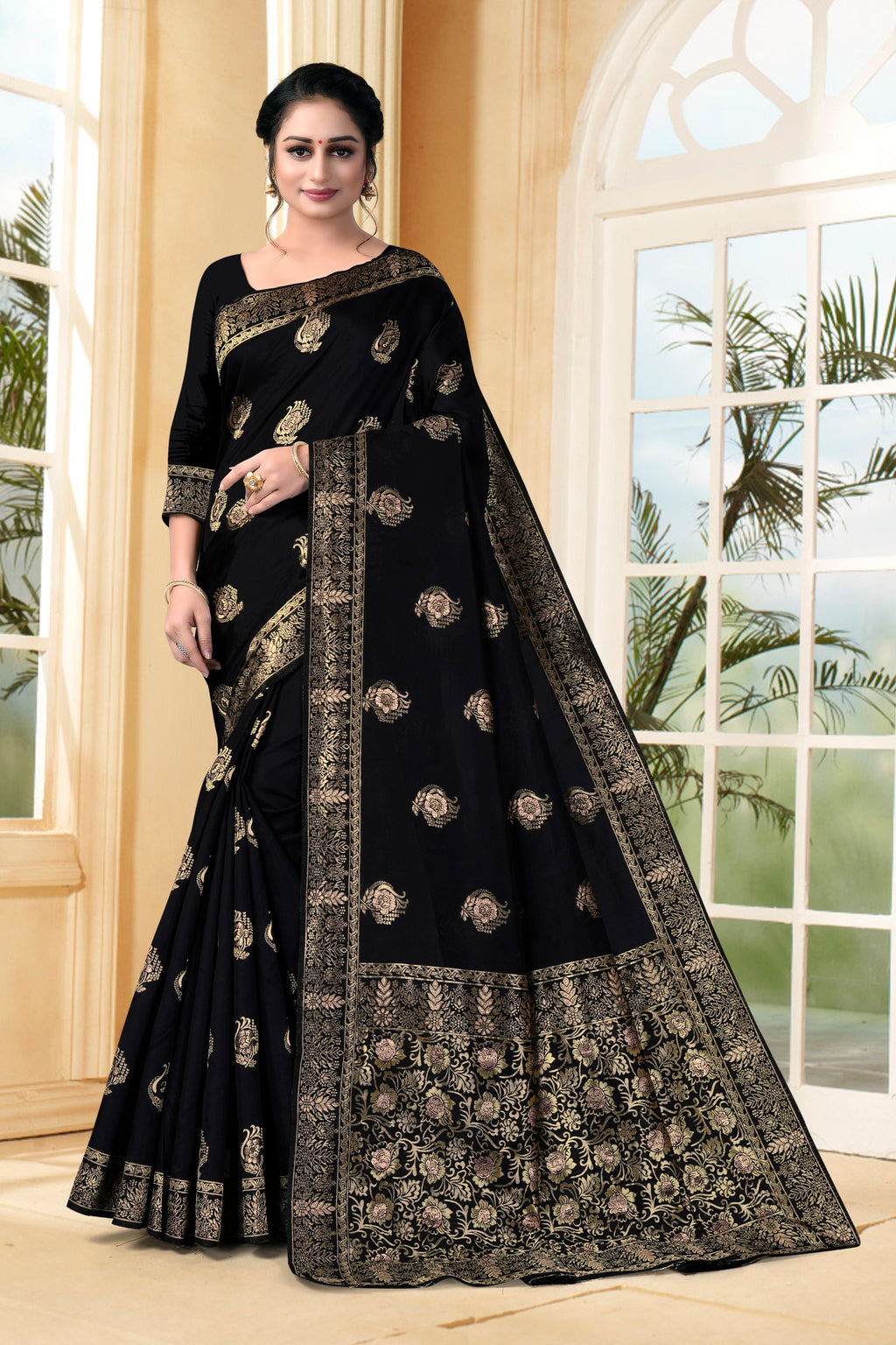 Vedant Vastram Litchi Silk Designer Banarasi Saree - Black | Grocsy