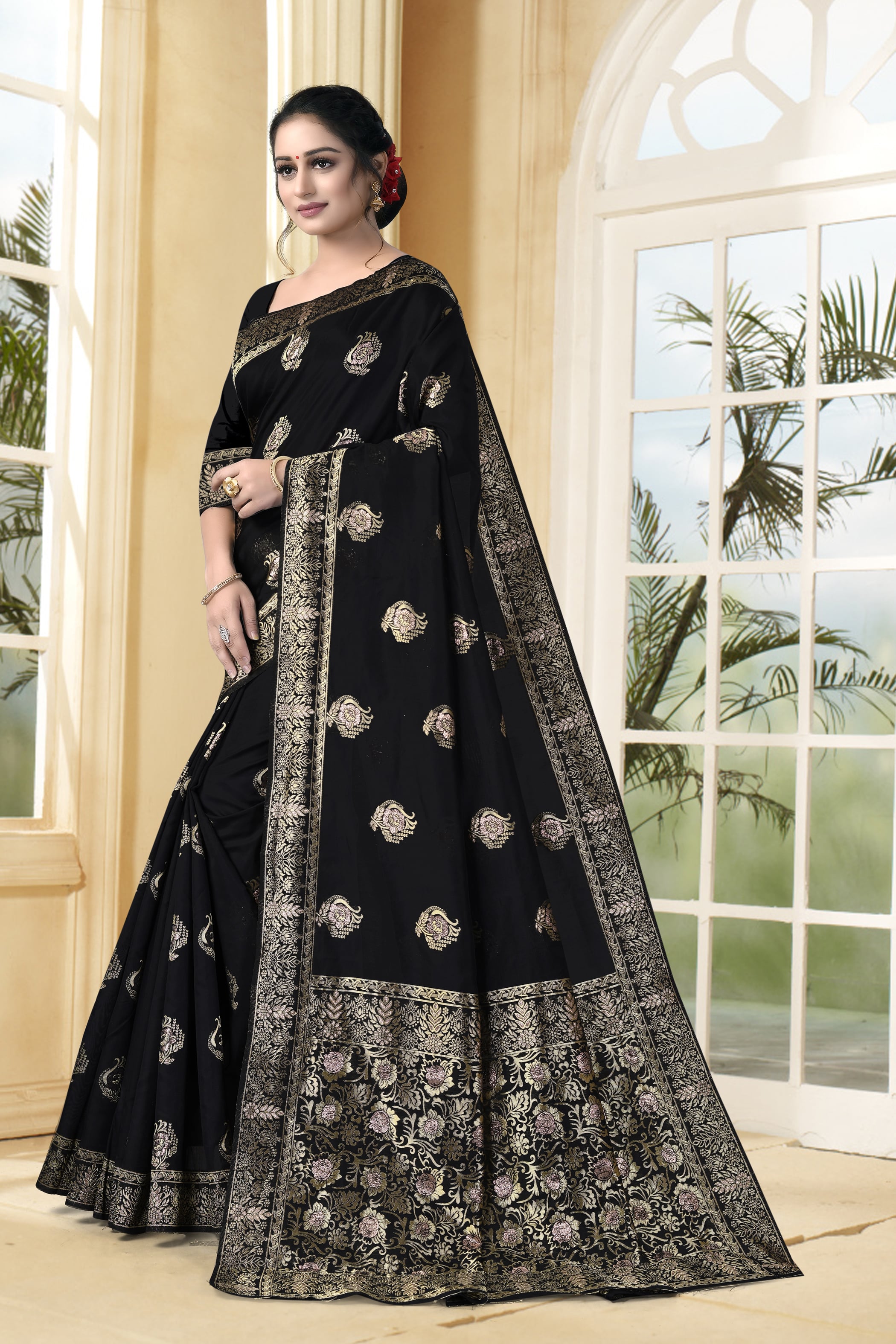Vedant Vastram Litchi Silk Designer Banarasi Saree - Black | Grocsy