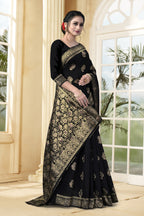 Vedant Vastram Litchi Silk Designer Banarasi Saree - Black | Grocsy