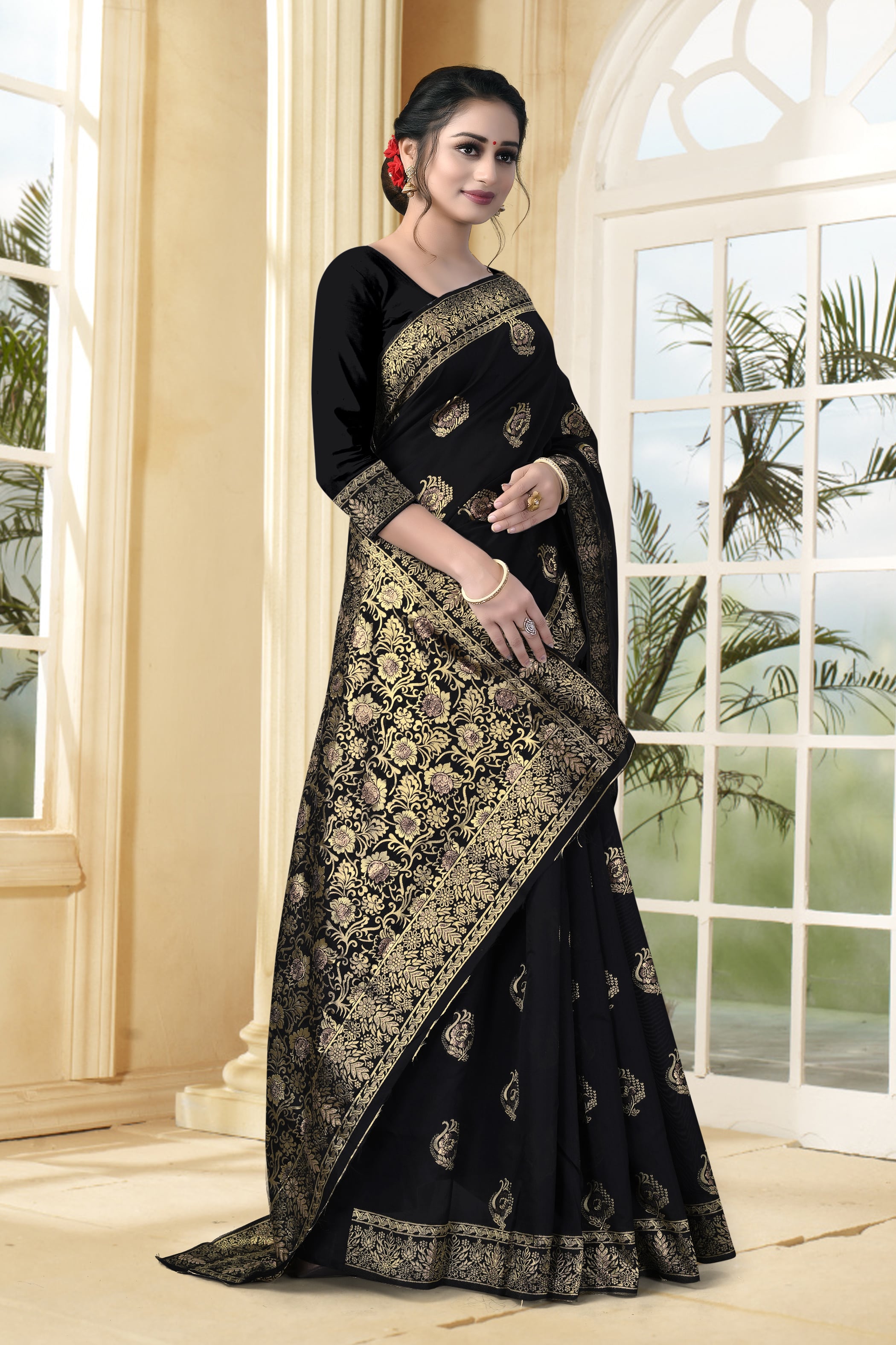 Vedant Vastram Litchi Silk Designer Banarasi Saree - Black | Grocsy