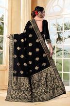 Vedant Vastram Litchi Silk Designer Banarasi Saree - Black | Grocsy