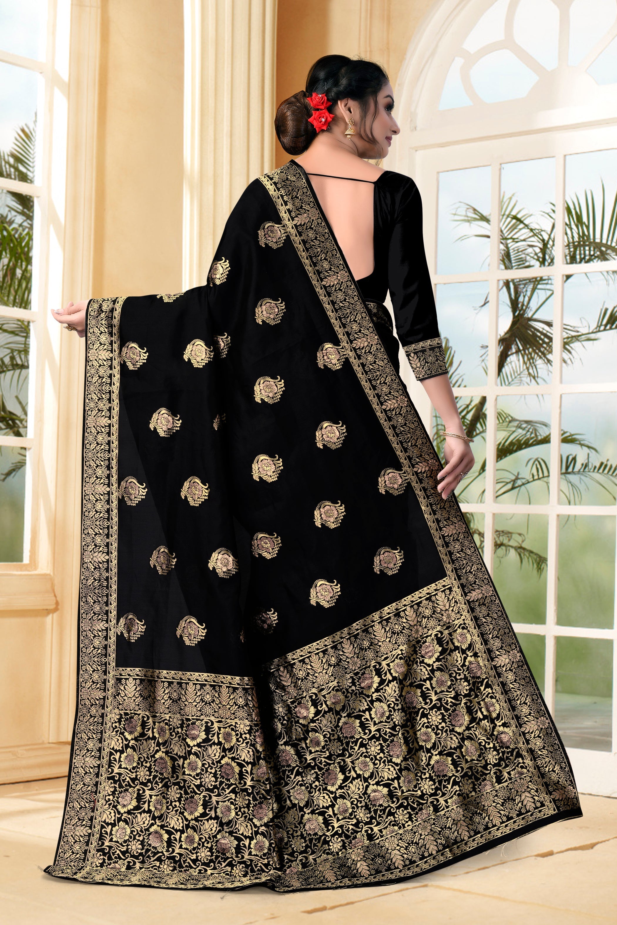 Vedant Vastram Litchi Silk Designer Banarasi Saree - Black | Grocsy