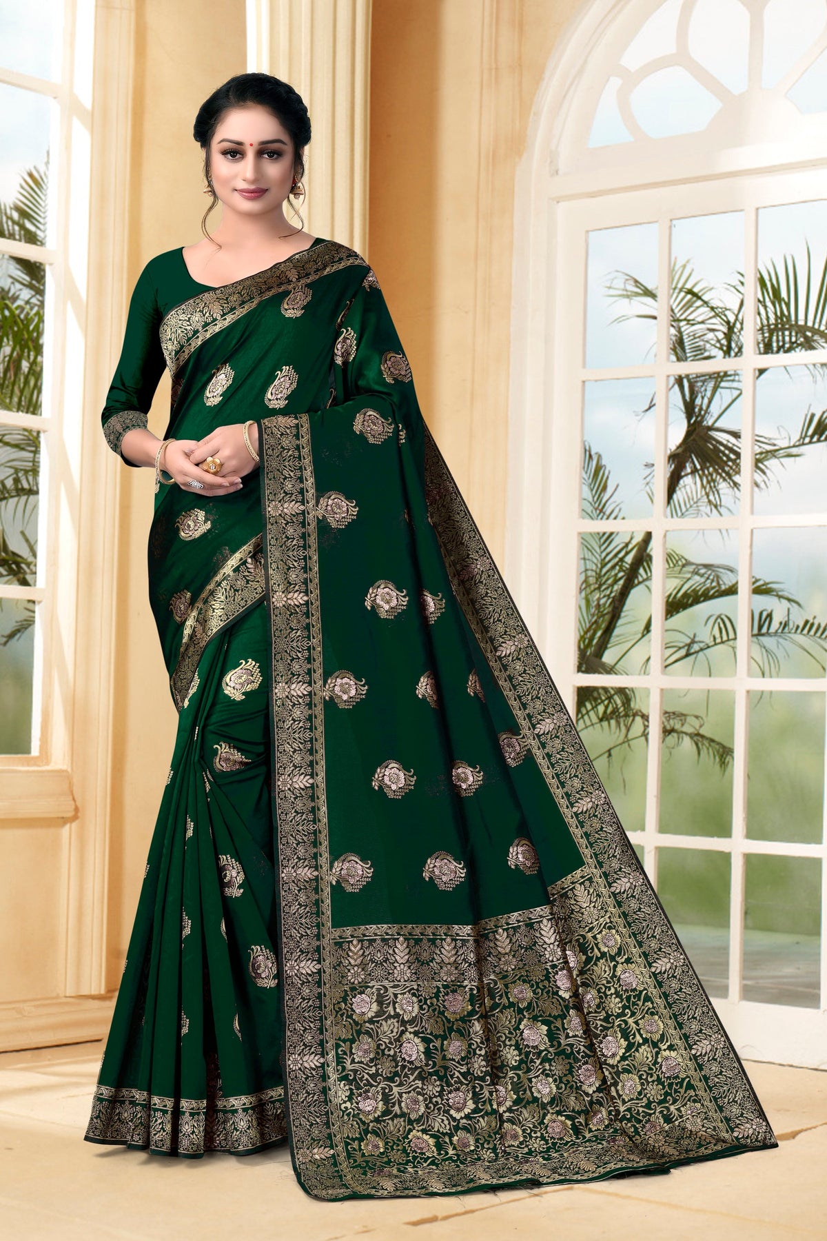 Vedant Vastram Litchi Silk Designer Banarasi Saree - Bottle Green | Grocsy