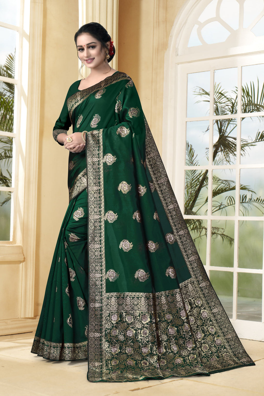 Vedant Vastram Litchi Silk Designer Banarasi Saree - Bottle Green | Grocsy