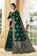 Vedant Vastram Litchi Silk Designer Banarasi Saree - Bottle Green | Grocsy
