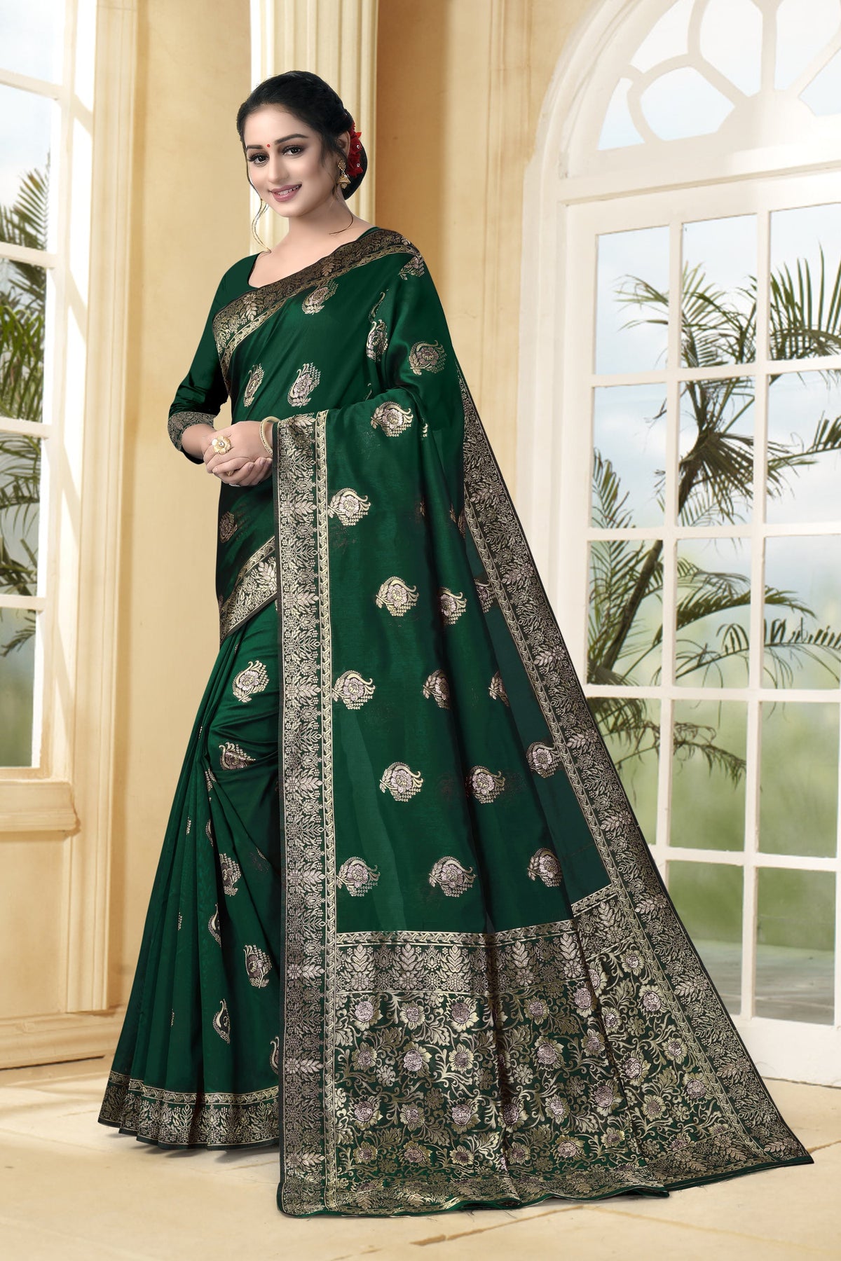 Vedant Vastram Litchi Silk Designer Banarasi Saree - Bottle Green | Grocsy