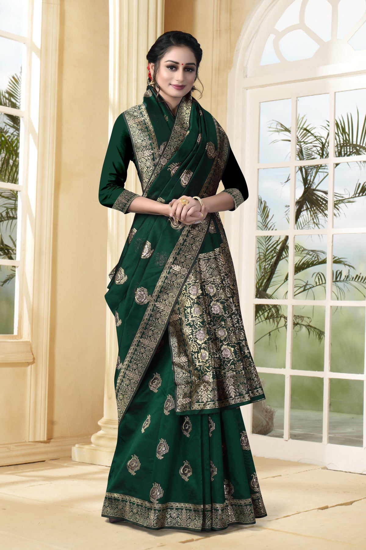 Vedant Vastram Litchi Silk Designer Banarasi Saree - Bottle Green | Grocsy