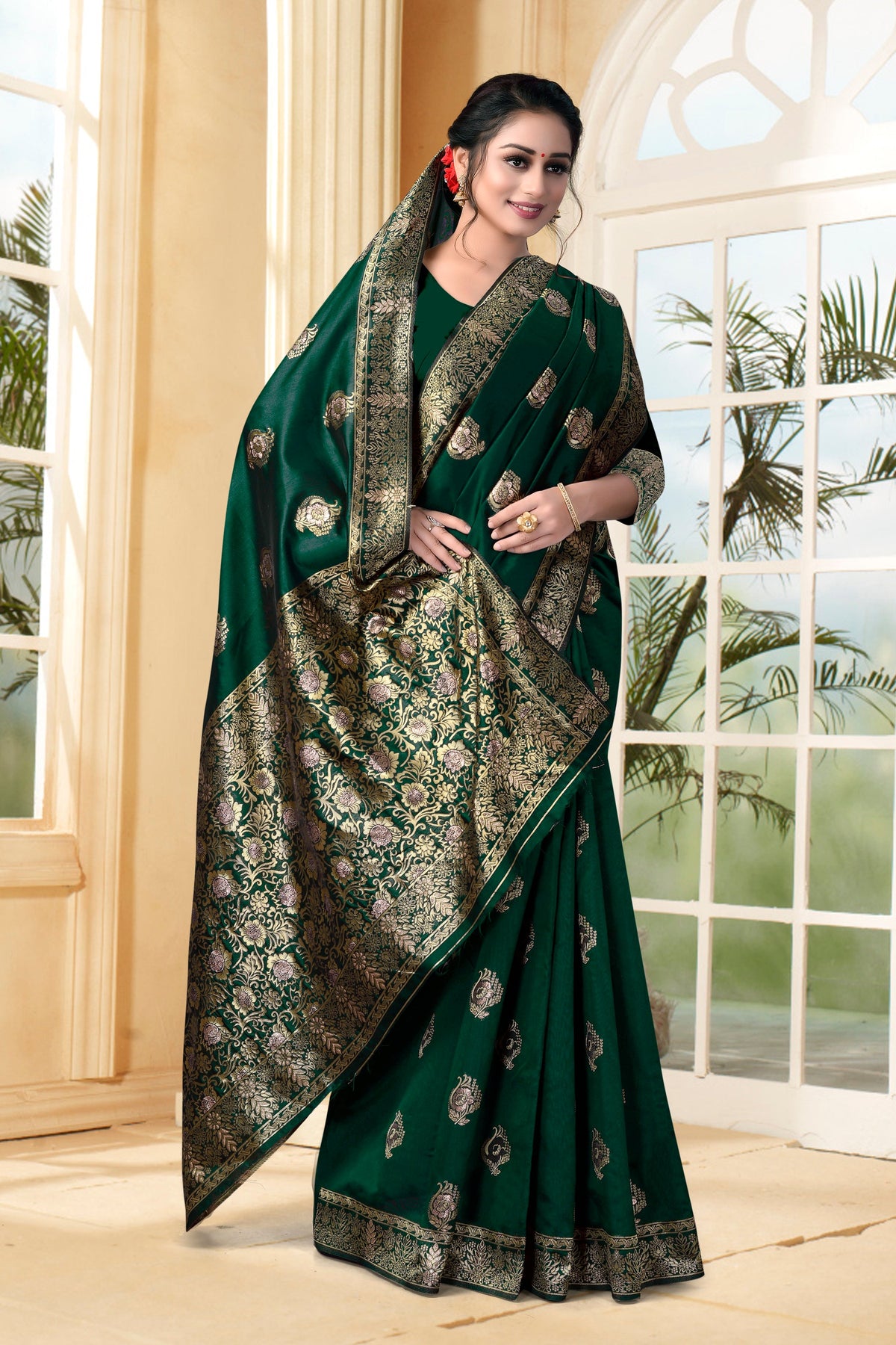 Vedant Vastram Litchi Silk Designer Banarasi Saree - Bottle Green | Grocsy