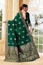 Vedant Vastram Litchi Silk Designer Banarasi Saree - Bottle Green | Grocsy