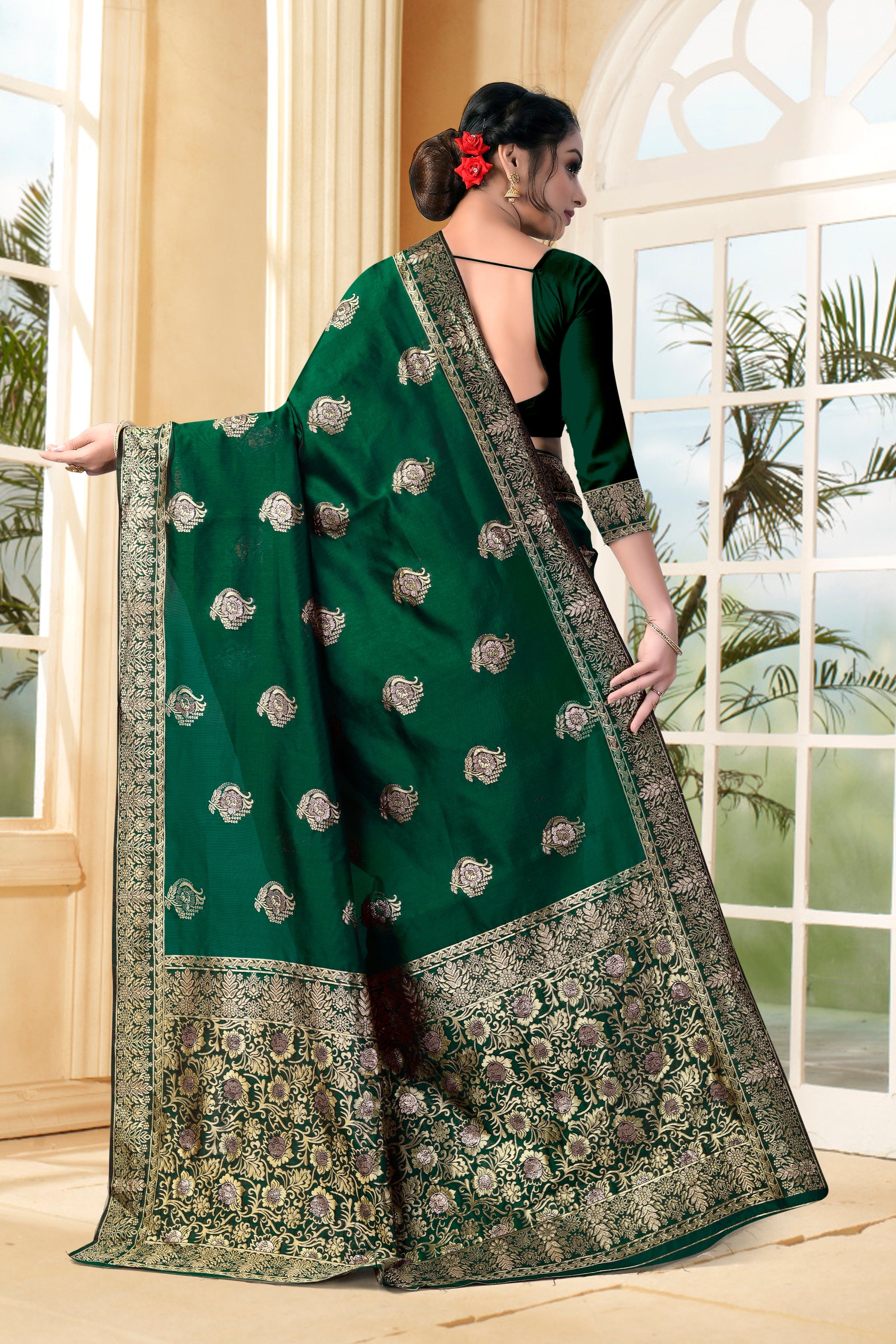 Vedant Vastram Litchi Silk Designer Banarasi Saree - Bottle Green | Grocsy