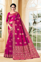 Vedant Vastram Litchi Silk Designer Banarasi Saree - Magenta | Grocsy