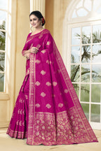 Vedant Vastram Litchi Silk Designer Banarasi Saree - Magenta | Grocsy
