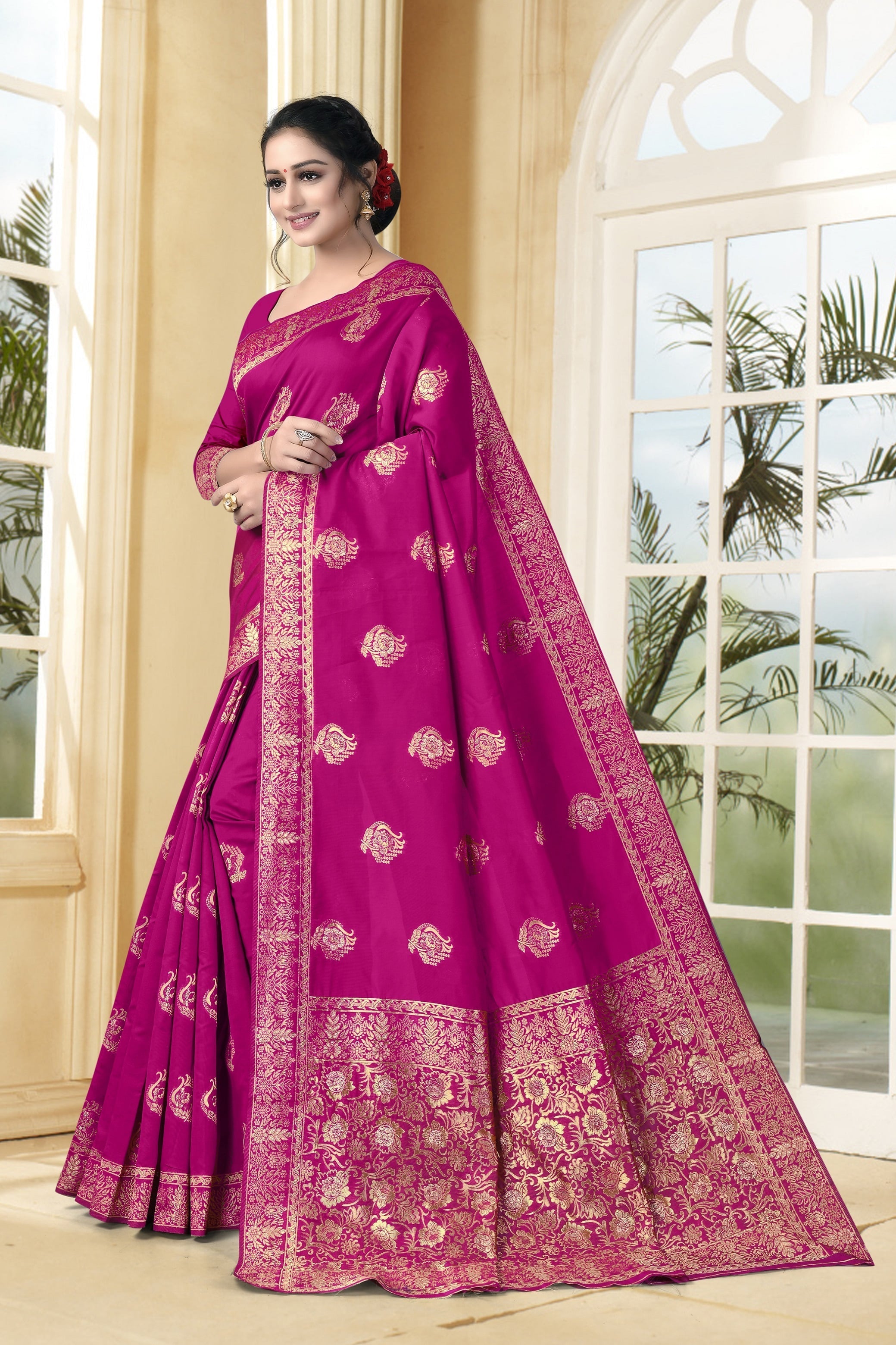 Vedant Vastram Litchi Silk Designer Banarasi Saree - Magenta | Grocsy