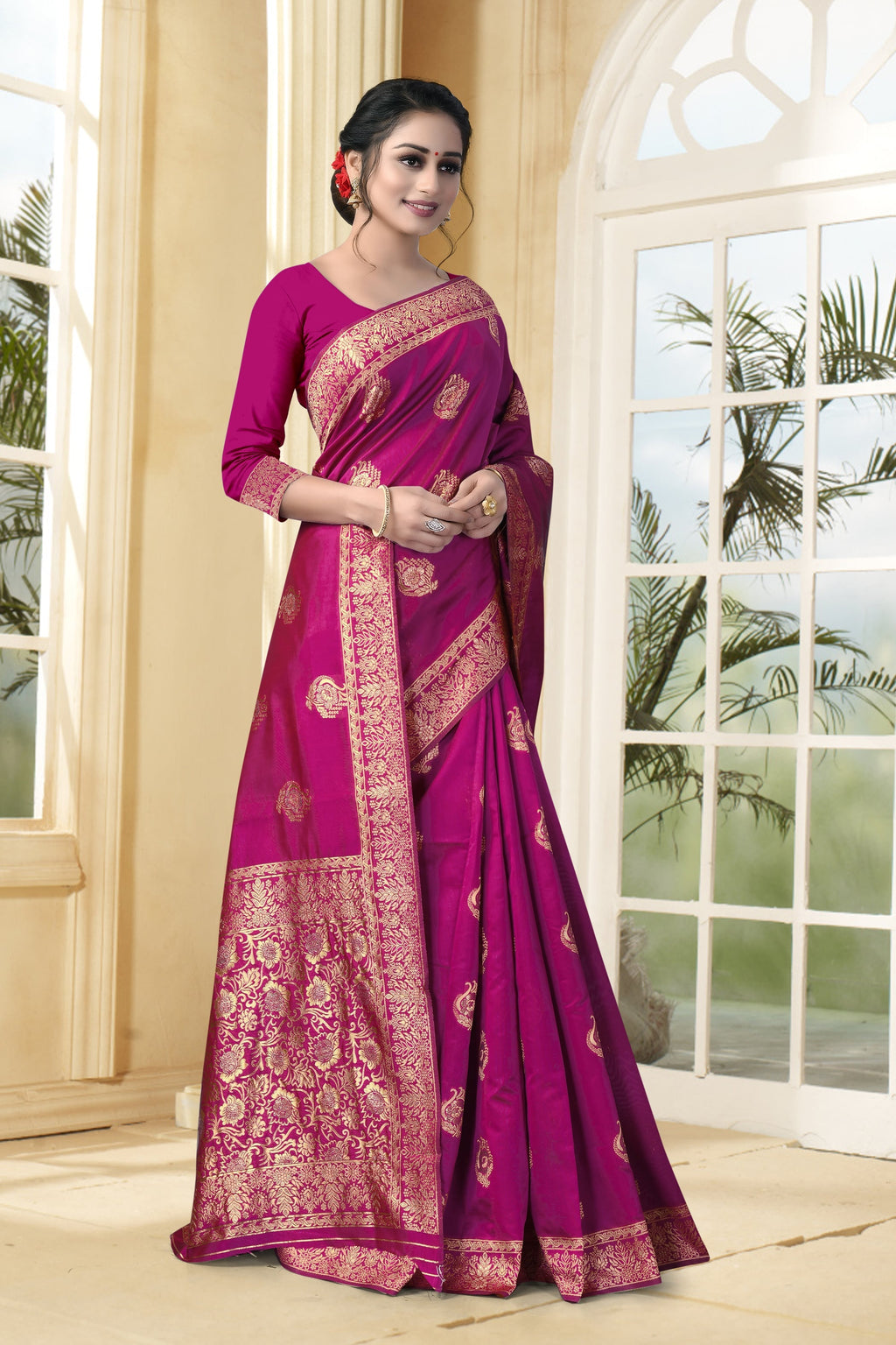 Vedant Vastram Litchi Silk Designer Banarasi Saree - Magenta | Grocsy