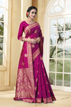 Vedant Vastram Litchi Silk Designer Banarasi Saree - Magenta | Grocsy