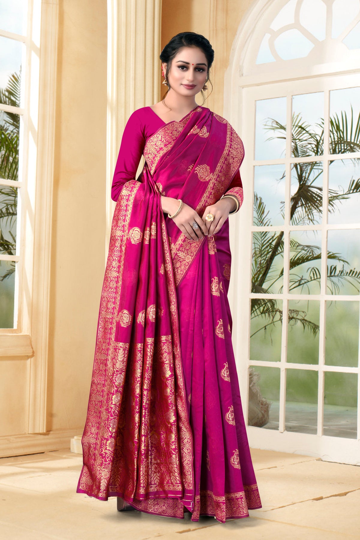 Vedant Vastram Litchi Silk Designer Banarasi Saree - Magenta | Grocsy