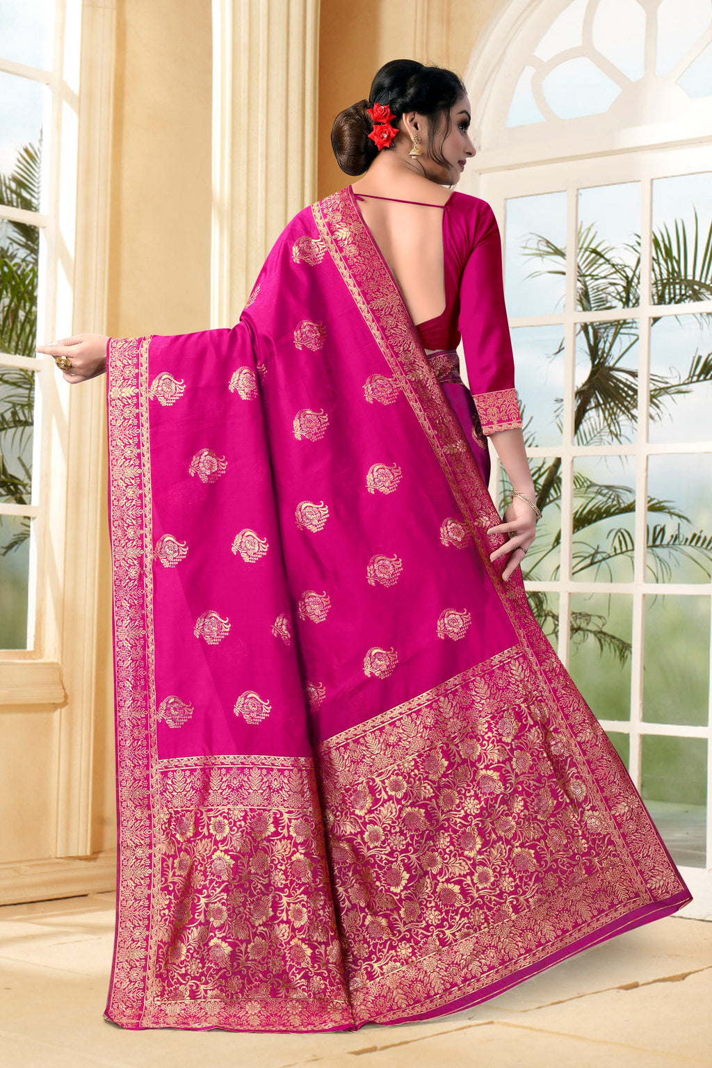 Vedant Vastram Litchi Silk Designer Banarasi Saree - Magenta | Grocsy